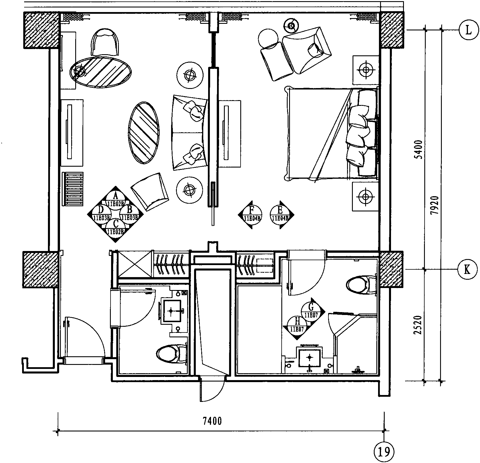 十一层豪华套房平面布置图 1:75